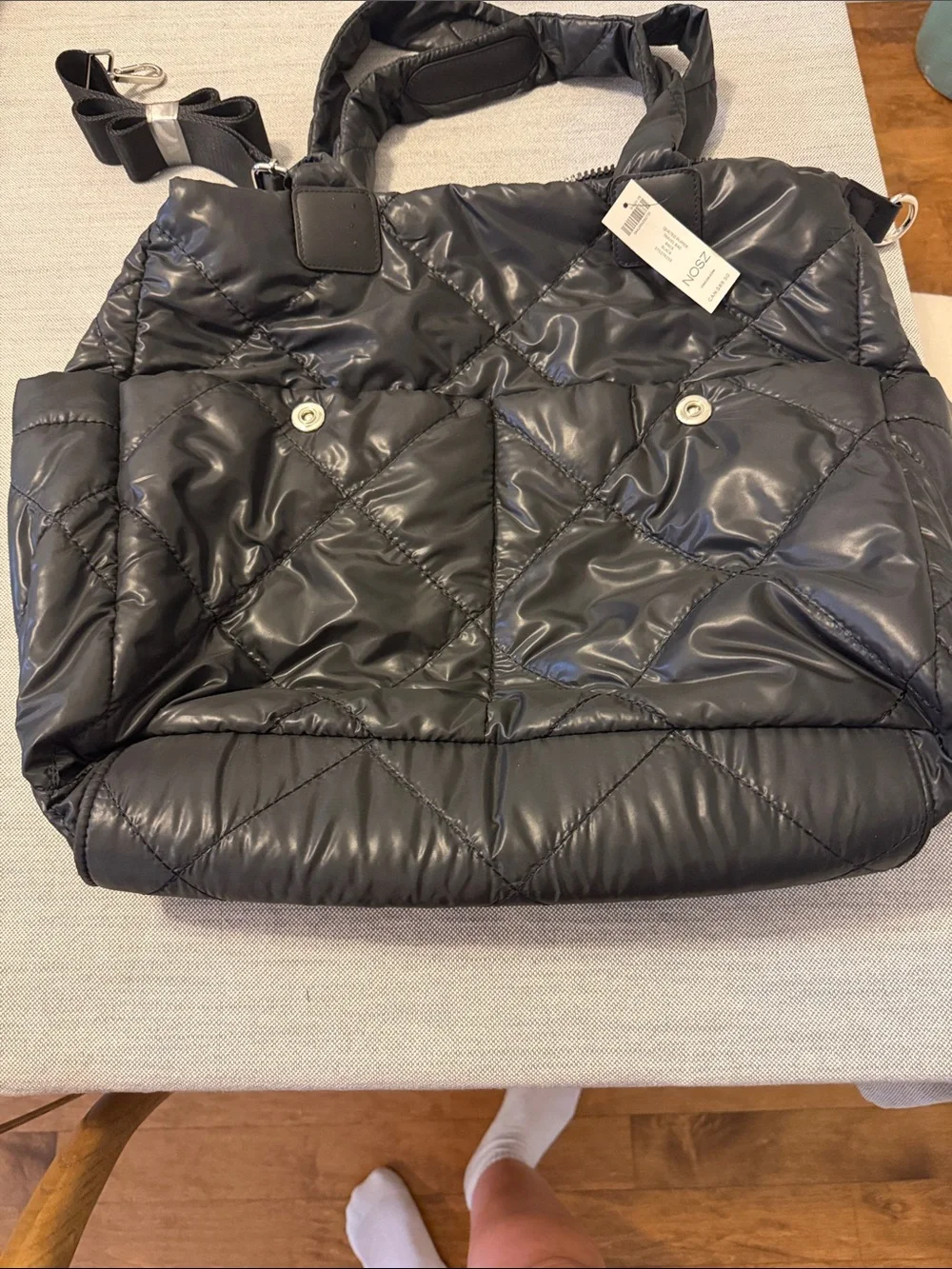 Chico's Quilted Black Puffer Tote with Crossbody Strap